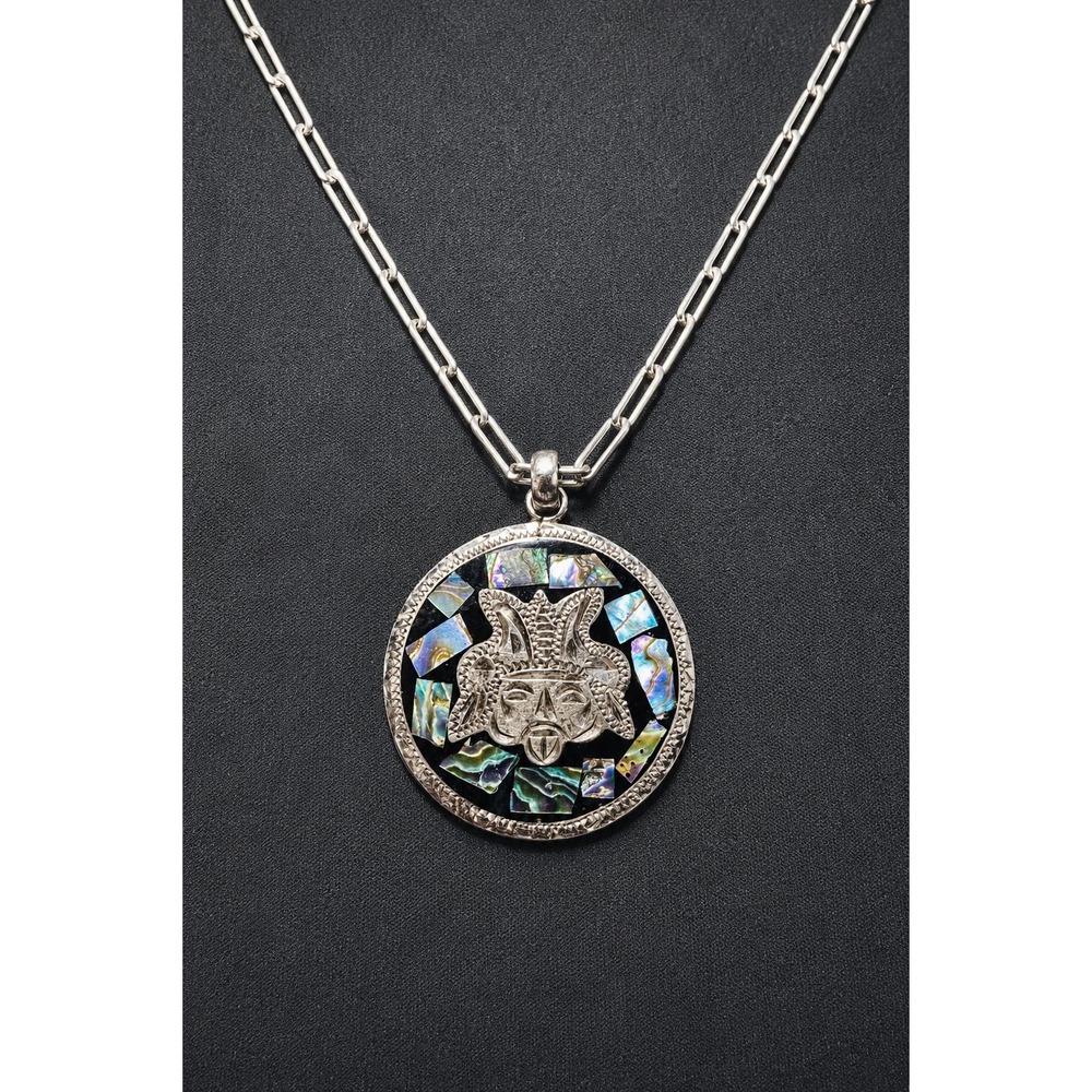 Vintage Taxco TC36 925 Silver Abalone Onyx Aztec Necklace 18" 27.4g Mexico